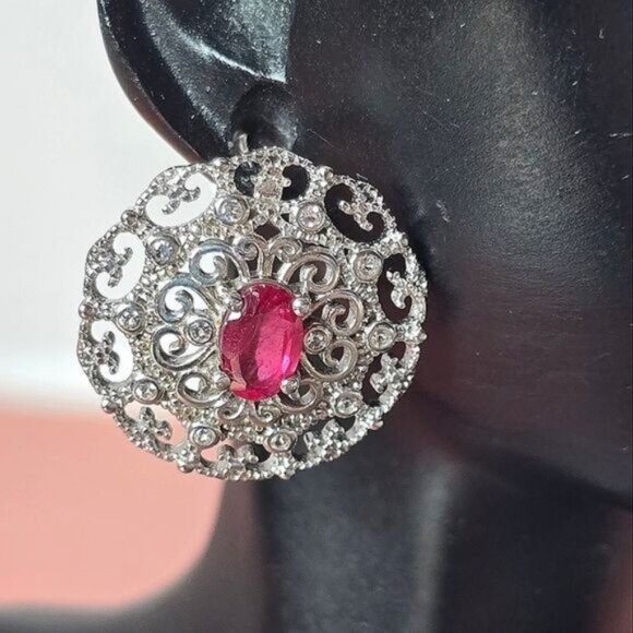 Natural Ruby 14K White Gold on 925 Sterling Silver Earrings - Picture 2 of 6